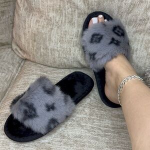 Grey and Black Faux Fur Women's Slippers